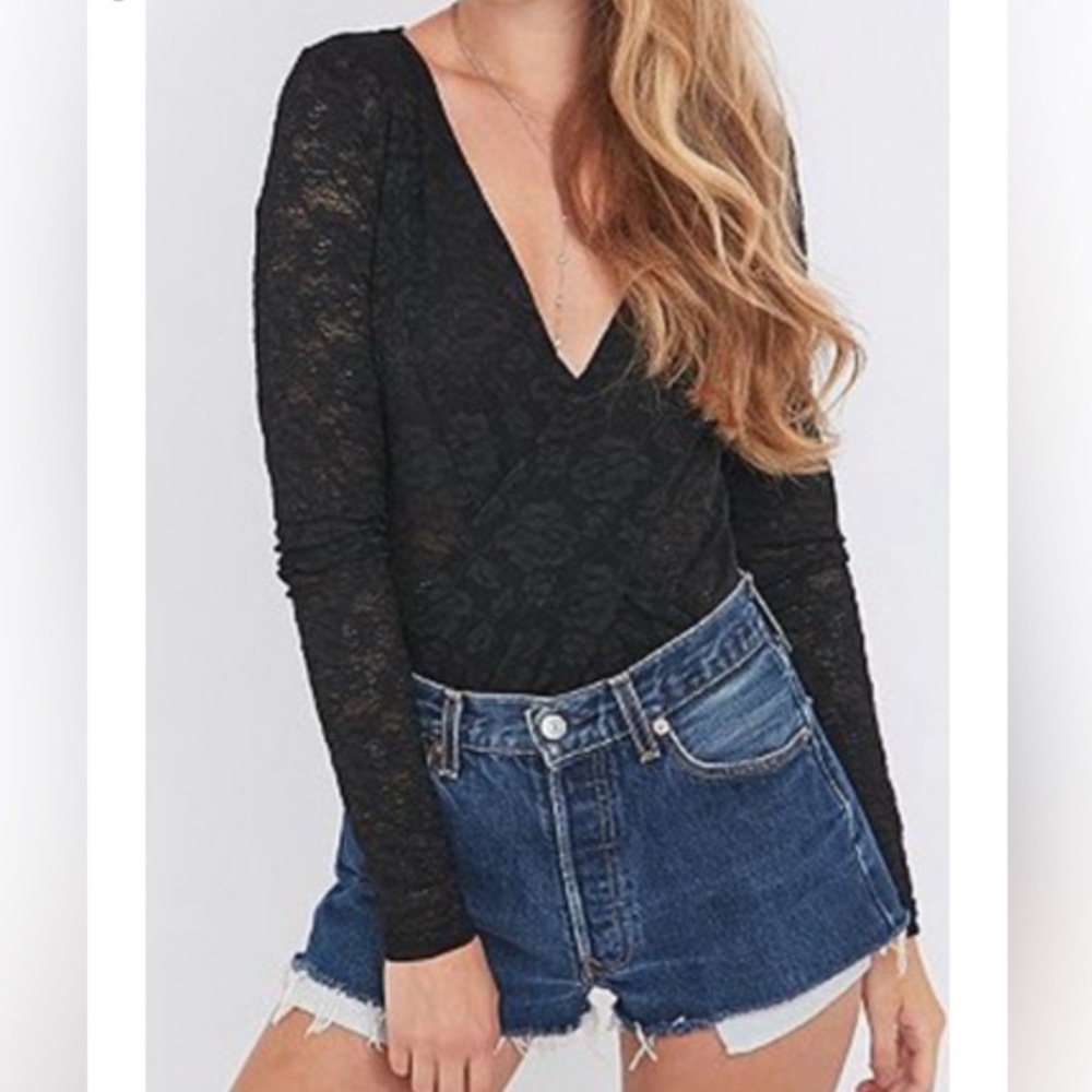 FREE PEOPLE BOHO BLACK LACE LONG SLEEVE BODY SUIT SIZE SMALL WHIMSIGOTH FAIRY